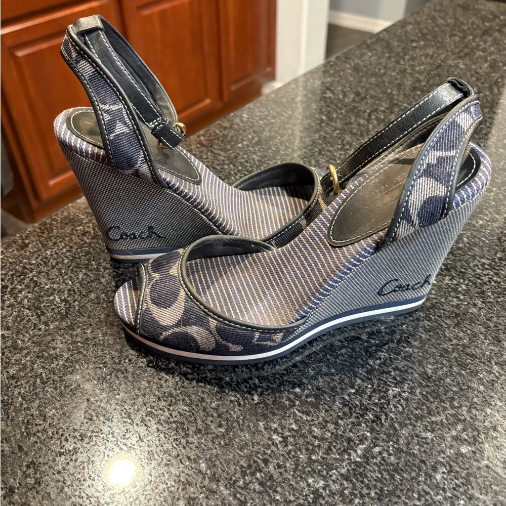 Coach Blue and Gray Denim Around the Ankle Wedge Sandals